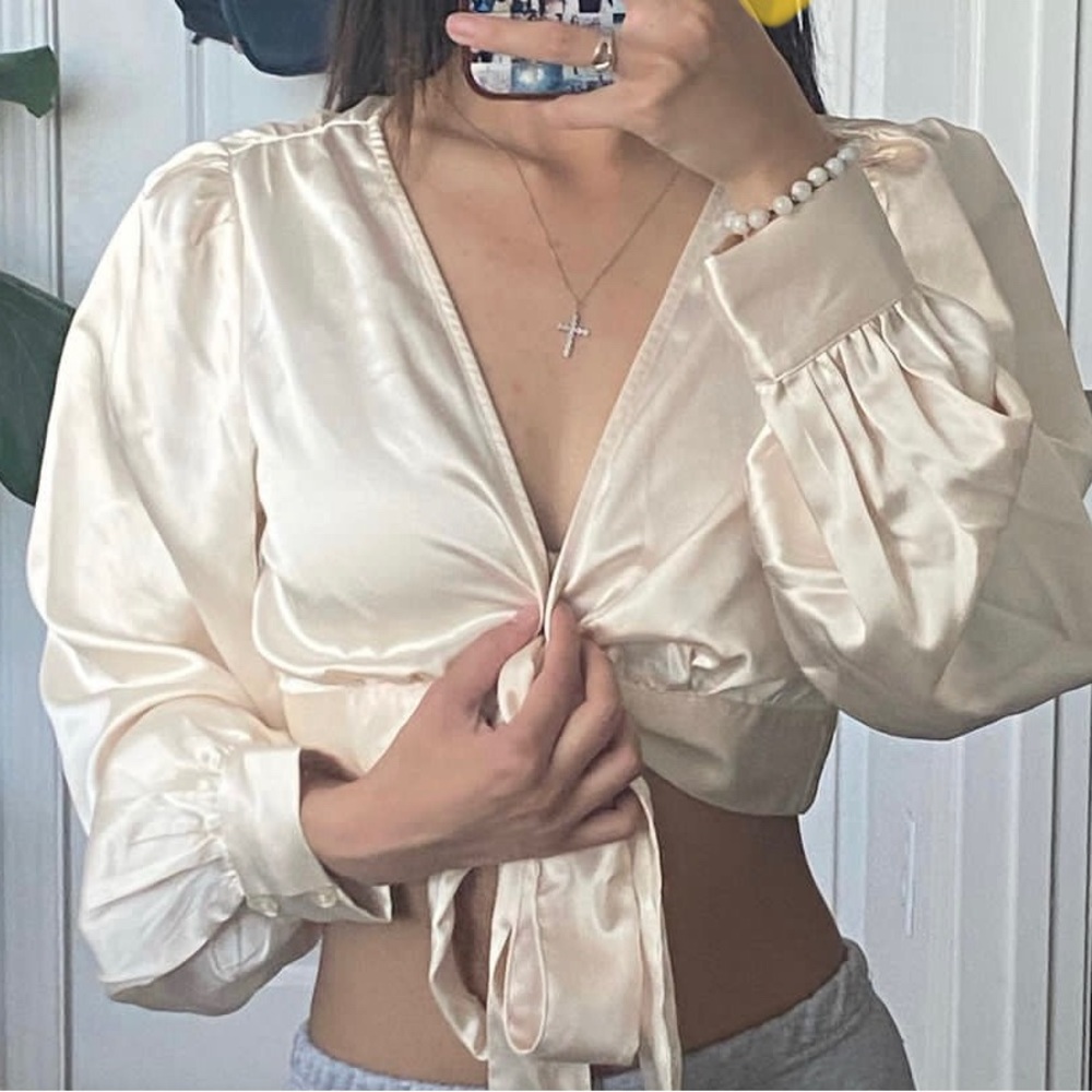 Off White Cropped Tied Sheer Long Sleeve Top